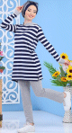 Ensemble decontracte pour femme : Pantalon Gris + Tunique de couleur blanche a rayures bleues marines
