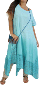 Robe camaieu de bleu demi-manches avec finition en dentelle (Grande taille en coton/lin)
