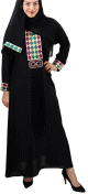 Abaya Dubai avec son chale (assorti) motifs losanges colores et perles brillantes - Robe et hijab noir pour femme voilee