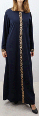 Robe maxi-longue avec strass devant et sur les manches - Marque Amelis - Couleur Bleu marine
