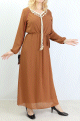 Robe maxi-longue fluide avec cordons a pompons pour femme - Couleur marron clair