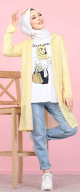 Tunique T-Shirt "illustration hijab" manches longues + Gilet-Cardigan assorti (Mode musulmane pour jeune femme voilee) - Couleur jaune