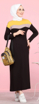 Robe longue tricolore pour femme musulmane (Vetement Hijab Tofisa France) - Couleur noir, moutarde et beige
