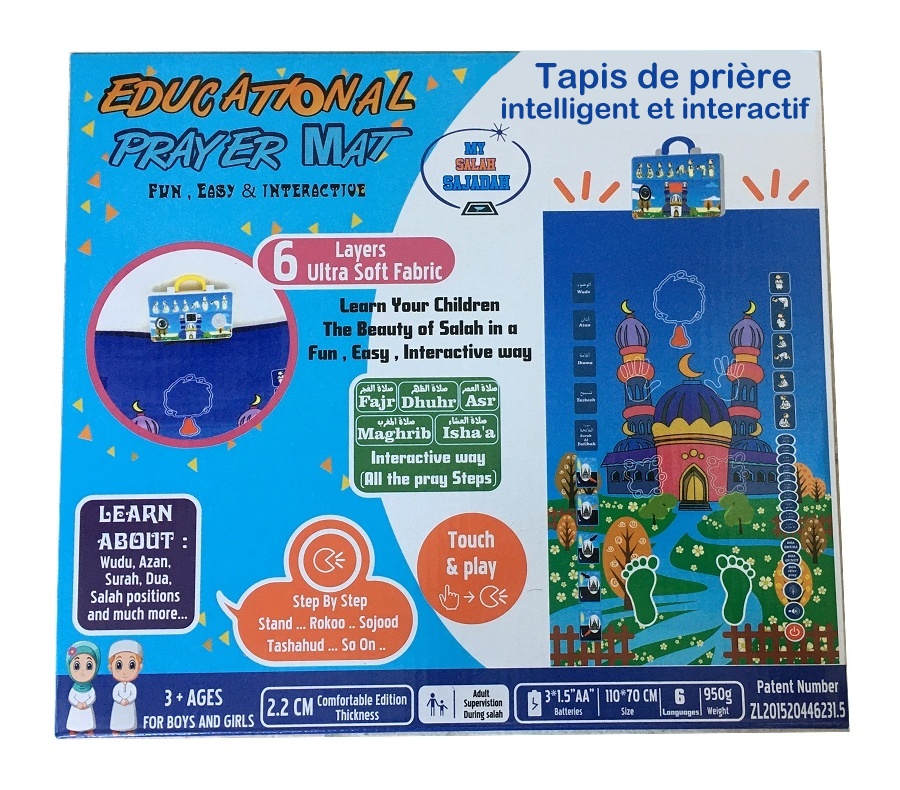 Grand Tapis de prière Intelligent et interactif pour enfant, ado et adulte  (français + 6 autres langues) - Educational Prayer Mat - Smart Carpet
