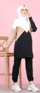 Tenue decontractee deux pieces (Pantalon jogging et Tunique) pour femme voilee - Ensemble sportswear a 3 couleurs : noir, beige et blanc