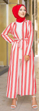 Robe à rayure boutonnée (ouverte) sur toute la longueur avec ceinture assortie pour femme (Vetement hijab été) - Couleur Crème et rouge Robe a rayure boutonnee (ouverte) sur toute la longueur avec ceinture assortie pour femme (Vetement hijab ete) - Couleur Creme et rouge
