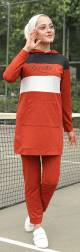Survetement tricolore a capuche imprime "Breathe" (Vetement de sport pour femme musulmane) - Couleur Brique, noir et blanc
