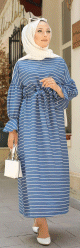 Robe longue a rayures avec ceinture pour femme voilee - Couleur bleu indigo