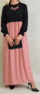 Robe de soiree maxi-longue bicolore assortie d'un collier pour femme - Couleur Rose et noir
