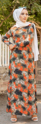 Robe longue fleurie coupe evasee pour femme (Mode Musulmane) - Couleur motifs kaki et orange