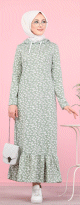 Robe longue a capuche finition volante a motifs feuilles nenuphar (Vetement pour femme voilee) - Couleur vert claire