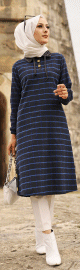 Tunique longue a rayures (Vetement hijab) - Couleur noir et bleu