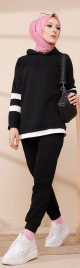 Survetement femme deux pieces bicolore a capuche (Ensemble sport hijab pas cher) - Couleur noir avec bandes blanches