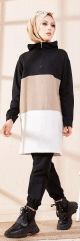 Tunique a capuche tricolore (Vetement decontracte moderne pour femme voilee) - Couleur noir, blanc et vison