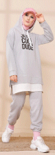 Survetement avec extension blanche - Ensemble Sweat a capuche imprime (Boutique Hijab France - Vente en ligne de vetements) - Couleur gris clair