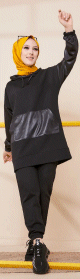 Ensemble decontracte fashion skai (Sweat capuche et pantalon) - Couleur noir