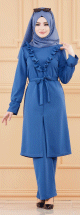 Ensemble habille deux pieces tunique et pantalon (Vetement hijab pour femme voilee) - Couleur bleu indigo