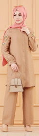 Ensemble style habille pour femme (tunique/chemise avec broderie et pantalon) - Couleur beige