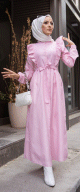 Robe longue type chemise boutonnee avec ceinture (Vetement Hijab chic pour femme - Mode musulmane) - Rayures couleur rose poudre