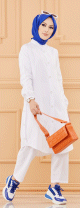 Ensemble casual : Tunique boutonnee chemise longue et son pantalon assorti (Vetement Hijab femme moderne) - Couleur blanc