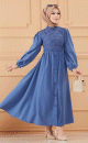 Robe en coton ample style evase avec broderie discrete pour femme (Vetement habille pour hijab) - Couleur bleu indigo