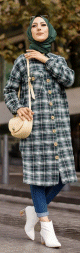 Chemise longue a carreaux (Vetement pour musulmane tendance fashion 2024) - Couleur noir et vert