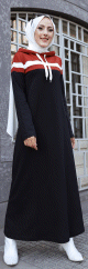 Robe a capuche de type sportswear decontracte - Vetement Hijab pour femme musulmane - Couleur noir, blanc et rouille
